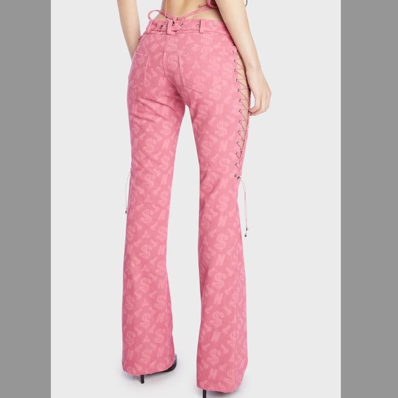 Print Monogram Denim Low Rise Lace Up Jeans with Dick Dollar Print Denim Thong - Picture 4 of 8